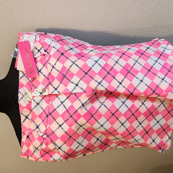 Lilly Pulitzer Reid Shorts Pink Argyle "Glow and Flow" Golf Luxletic Zip sz 14 - Picture 1 of 13